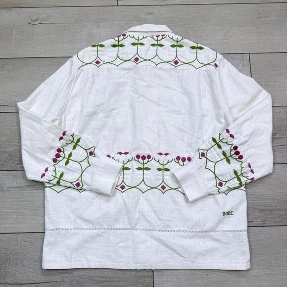 BODE Mens White Embroidered Nouveau Fleur Shirt Size L/XL plain-woven linen Boho - Picture 2 of 15